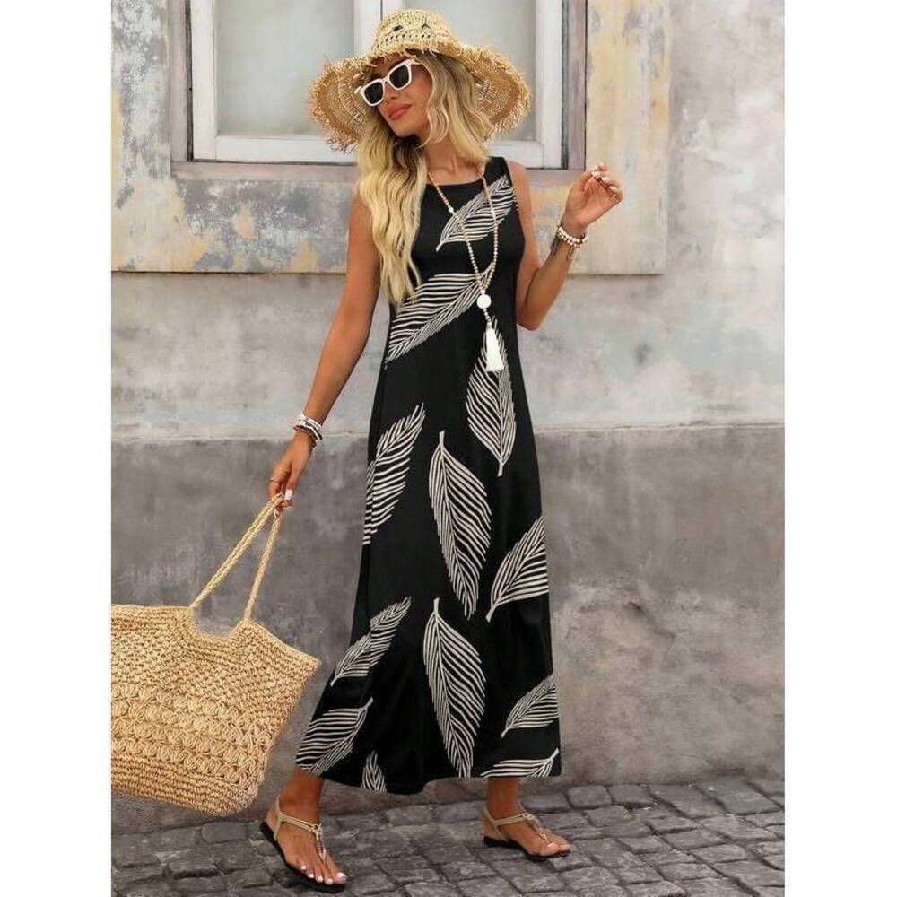 Brillora Mid-Length Dress,Black N White Feather Print Retro Bohemian Ele